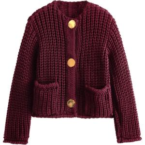 imageFlygo Cropped Cardigan Sweaters for Women Long Sleeve Cable Knit Cardigan Open Front Chunky Cardigan Sweaters with PocketsDark Red