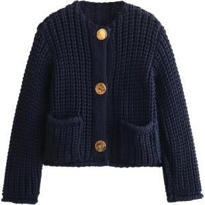 imageFlygo Cropped Cardigan Sweaters for Women Long Sleeve Cable Knit Cardigan Open Front Chunky Cardigan Sweaters with PocketsNavy