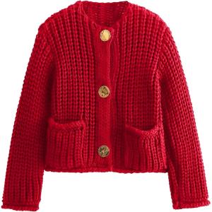 imageFlygo Cropped Cardigan Sweaters for Women Long Sleeve Cable Knit Cardigan Open Front Chunky Cardigan Sweaters with PocketsRed