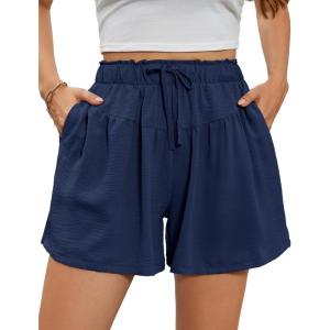 imageFlygo Flowy Shorts for Women Summer Casual High Waist Wide Leg Drawstring Shorts with PocketsNavy Blue