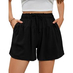 imageFlygo Flowy Shorts for Women Summer Casual High Waisted Wide Leg Drawstring Shorts with PocketsBlackL