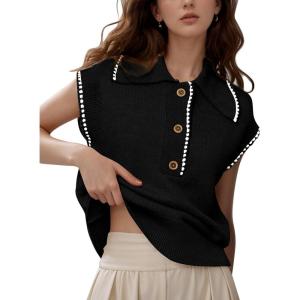imageFlygo Womens Sweater Vest Lapel Button Down Sleeveless Tank Tops Cap Sleeve Knit Pullover Summer Spring Sweaters Vest TopBlack