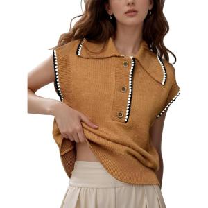 imageFlygo Womens Sweater Vest Lapel Button Down Sleeveless Tank Tops Cap Sleeve Knit Pullover Summer Spring Sweaters Vest TopKhaki
