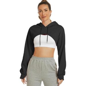 imageFlygo Womens Cut Out Super Cropped Hoodie Long Sleeve Hooded Sweatshirt Pullover Active Top01 Black