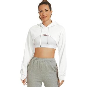 imageFlygo Womens Cut Out Super Cropped Hoodie Long Sleeve Hooded Sweatshirt Pullover Active Top01 White