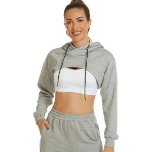 imageFlygo Womens Cut Out Super Cropped Hoodie Long Sleeve Hooded Sweatshirt Pullover Active TopGrey