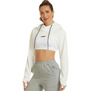 imageFlygo Womens Cut Out Super Cropped Hoodie Long Sleeve Hooded Sweatshirt Pullover Active TopWhite