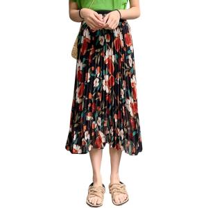 imageFlygo Womens High Waisted Boho Floral Print Pleated Chiffon Midi SkirtBlack