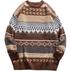 imageFlygo Mens Vintage Grandpa Sweater Crewneck Oversized Striped Aztec Cable Knit Pullover Unisex Jumper TopsCoffee
