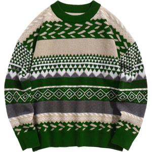 imageFlygo Mens Vintage Grandpa Sweater Crewneck Oversized Striped Aztec Cable Knit Pullover Unisex Jumper TopsGreen