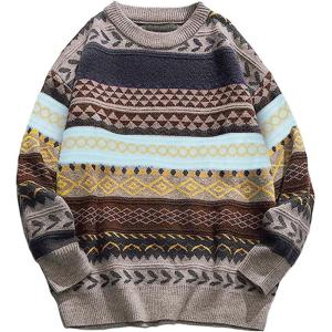 imageFlygo Mens Vintage Grandpa Sweater Crewneck Oversized Striped Aztec Cable Knit Pullover Unisex Jumper TopsGrey