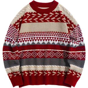 imageFlygo Mens Vintage Grandpa Sweater Crewneck Oversized Striped Aztec Cable Knit Pullover Unisex Jumper TopsRed