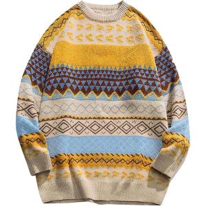 imageFlygo Mens Vintage Grandpa Sweater Crewneck Oversized Striped Aztec Cable Knit Pullover Unisex Jumper TopsYellow