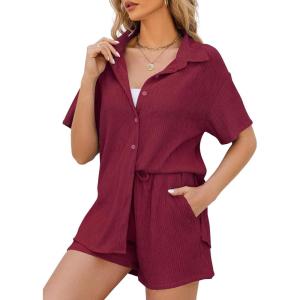 imageFlygo Womens 2 Piece Casual Outfits Summer Pleated Short Sleeve Top and Set Button Down Shirt Y2KBurgundy
