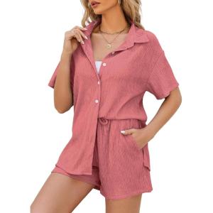 imageFlygo Womens 2 Piece Casual Outfits Summer Pleated Short Sleeve Top and Set Button Down Shirt Y2KPink