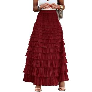 imageFlygo Womens Long Maxi Tulle Skirts A Line Ruffle High Waisted Tiered Layered Mesh Tutu Skirt PetticoatBurgundy