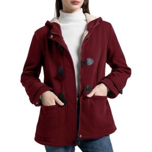 imageFlygo Sherpa Lined Winter Jackets for Women Fleece Hoodie Jacket Warm Fall Winter Toggle Duffle CoatsWine Red