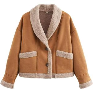 imageFlygo Womens Faux Suede Jacket Lapel Sherpa Lined Jacket Button Down Fleece Jacket Winter CoatsCamel