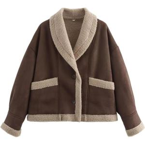 imageFlygo Womens Faux Suede Jacket Lapel Sherpa Lined Jacket Button Down Fleece Jacket Winter CoatsCoffee