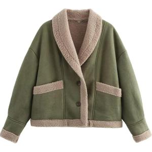 imageFlygo Womens Faux Suede Jacket Lapel Sherpa Lined Jacket Button Down Fleece Jacket Winter CoatsGreen