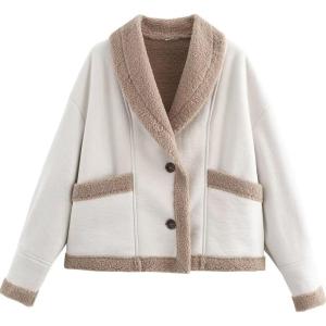 imageFlygo Womens Faux Suede Jacket Lapel Sherpa Lined Jacket Button Down Fleece Jacket Winter CoatsWhite