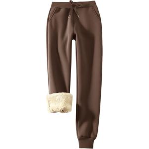 imageFlygo Womens Sherpa Fleece Lined Joggers Sweatpants Winter Warm Pants with Pockets XS2XLBrown