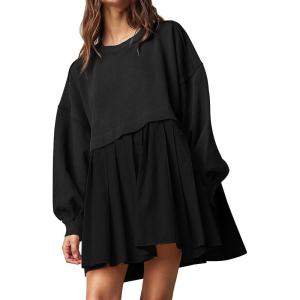 imageFlygo Womens Oversized Sweatshirt Dress Crewneck Patchwork Long Sleeve Pullover Tunic Flowy Pleated Mini DressesBlack
