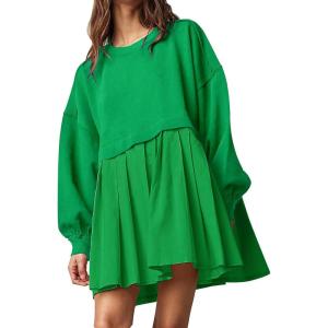 imageFlygo Womens Oversized Sweatshirt Dress Crewneck Patchwork Long Sleeve Pullover Tunic Flowy Pleated Mini DressesGreen