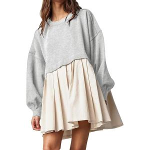 imageFlygo Womens Oversized Sweatshirt Dress Crewneck Patchwork Long Sleeve Pullover Tunic Flowy Pleated Mini DressesLight Grey