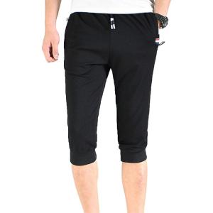 imageFlygo Mens 34 Joggers Sweatpants Below Knee Running Workout Capri PantsBlack