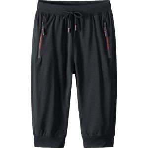 imageFlygo Mens Capri Joggers 34 Below Knee Workout Running Sports Sweat Shorts with Zipper Pockets02 Black