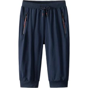 imageFlygo Mens Capri Joggers 34 Below Knee Workout Running Sports Sweat Shorts with Zipper Pockets02 Navy