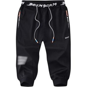 imageFlygo Mens Capri Joggers 34 Below Knee Workout Running Sports Sweat Shorts with Zipper PocketsBlack