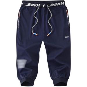 imageFlygo Mens Capri Joggers 34 Below Knee Workout Running Sports Sweat Shorts with Zipper PocketsNavy