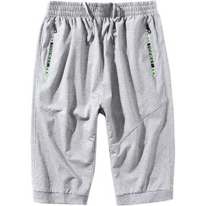imageFlygo Mens Casual 34 Length Running Track Yoga Capris Jogger Pants Sweatpants ShortsLight Grey