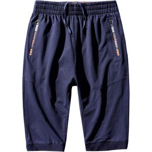 imageFlygo Mens Casual 34 Length Running Track Yoga Capris Jogger Pants Sweatpants ShortsNavy