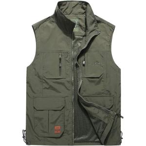 imageFlygo Mens Casual Lightweight MultiPockets Outdoor Work Fishing Travel Photo VestArmy Green
