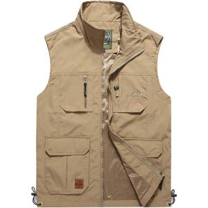 imageFlygo Mens Casual Lightweight MultiPockets Outdoor Work Fishing Travel Photo VestKhaki