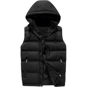 imageFlygo Mens Outdoor Puffer Vest Winter Padded Sleeveless Jacket with Removable HoodBlack