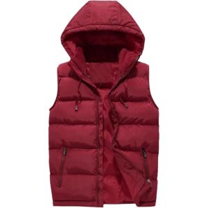 imageFlygo Mens Outdoor Puffer Vest Winter Padded Sleeveless Jacket with Removable HoodRed