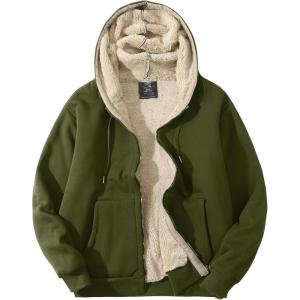 imageFlygo Mens Sherpa Hoodie Jacket Fleece Lined Zip Up Warm Hoodies Sweatshirt Winter Zipper Sweater Hooded CoatArmygreen