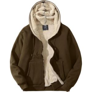 imageFlygo Mens Sherpa Hoodie Jacket Fleece Lined Zip Up Warm Hoodies Sweatshirt Winter Zipper Sweater Hooded CoatBrown