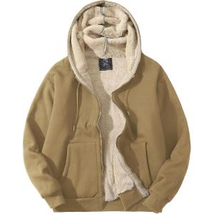 imageFlygo Mens Sherpa Hoodie Jacket Fleece Lined Zip Up Warm Hoodies Sweatshirt Winter Zipper Sweater Hooded CoatKhaki