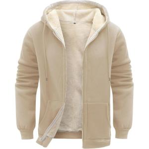 imageFlygo Mens Sherpa Hoodie Jacket Fleece Lined Zip Up Warm Hoodies Sweatshirt Winter Zipper Sweater Hooded CoatLightkhaki