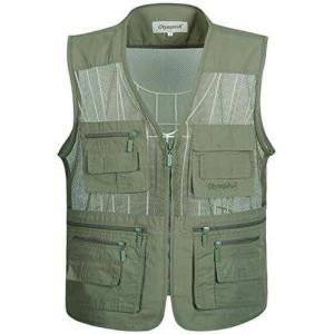 imageFlygo Mens Summer Mesh Fishing Vest Photography Work Multipockets Outdoors Journalists Vest Sleeveless Jacket Small Army Green