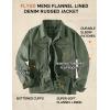 imageFlygo Mens Flannel Lined Denim Jacket Snap Cowboy Cut Western Classic Slim Fit Vintage Heavy Duty Jacket Trucker CoatGreen