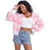 imageFlygo Womens Cropped Floral Print Bomber Jacket Warm Fleece Varsity Jacket Casual Button Down Puff Sleeve Coat OuterwearPeach Pink