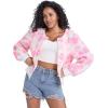 imageFlygo Womens Cropped Floral Print Bomber Jacket Warm Fleece Varsity Jacket Casual Button Down Puff Sleeve Coat OuterwearPeach Pink