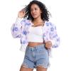 imageFlygo Womens Cropped Floral Print Bomber Jacket Warm Fleece Varsity Jacket Casual Button Down Puff Sleeve Coat OuterwearPurple Pink
