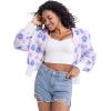 imageFlygo Womens Cropped Floral Print Bomber Jacket Warm Fleece Varsity Jacket Casual Button Down Puff Sleeve Coat OuterwearPurple Pink